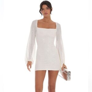 Lucy in the Sky Sequin Balloon Sleeve Dress in White